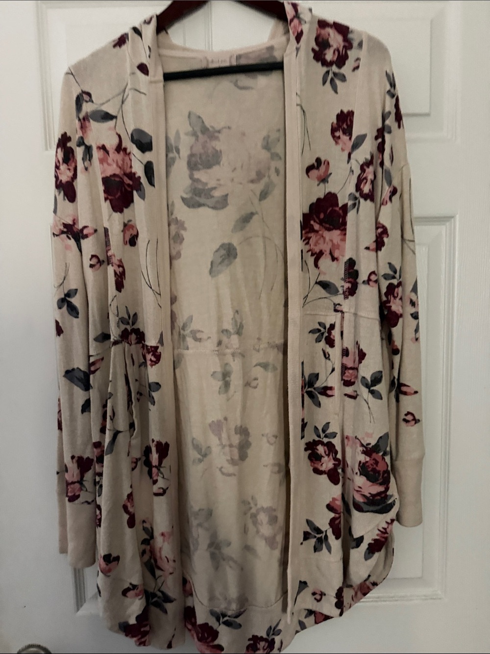 Altar'd State Cream Hooded Floral Cardigan with Pink & Burgundy Roses